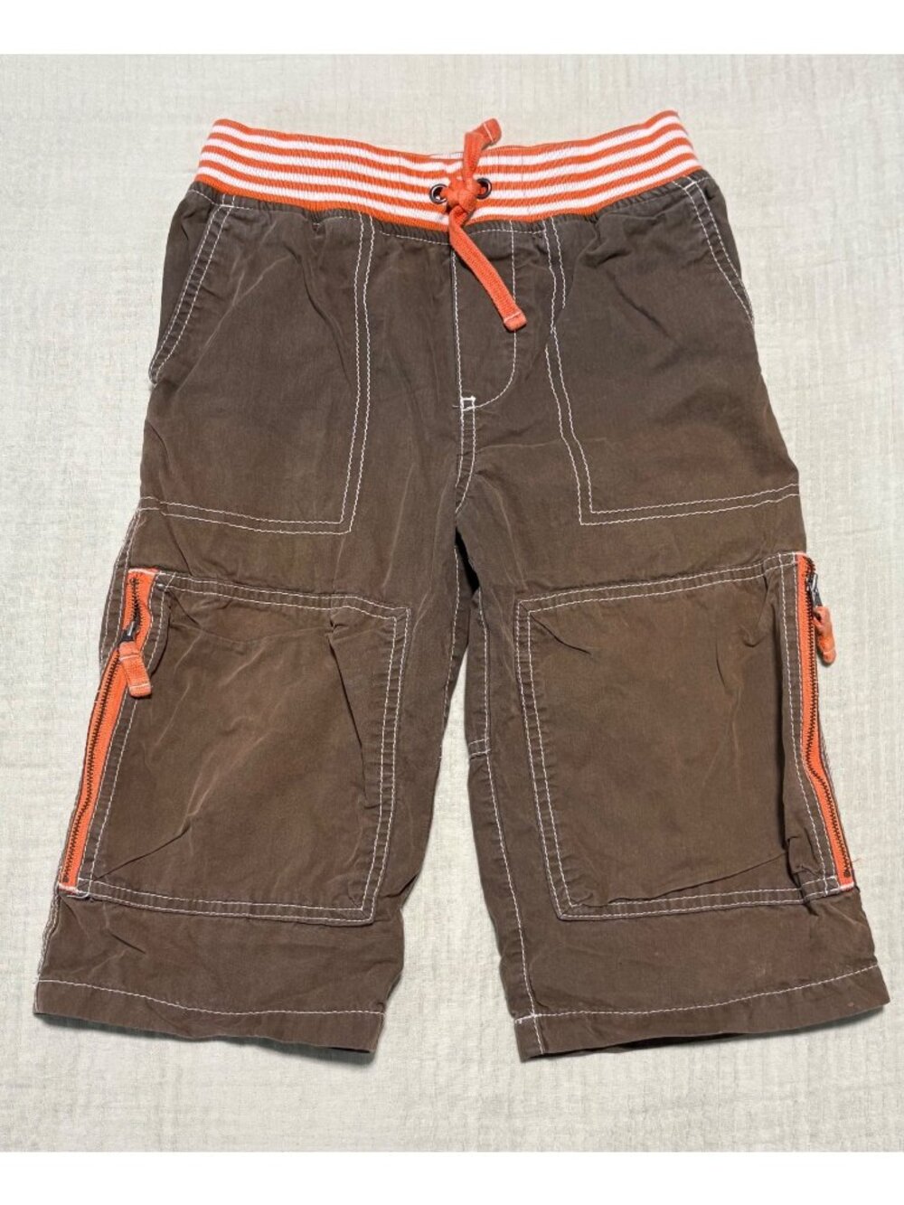 Mini Boden Boys Brown Techno Shorts W/ Orange Striped Waistband & Pockets Sz 8Y